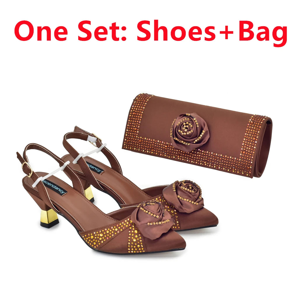 Italian Wedding Matching Shoes and Bags Decorated with Handmade Flowers Diamonds Pointed Toe Women Pumps with Purse