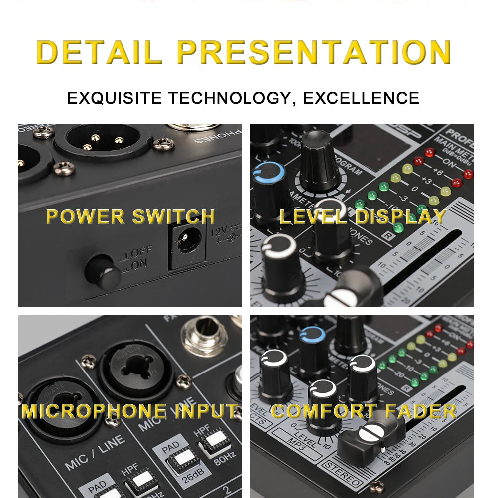 4 Channel Audio Mixer With 99 DSP Effects Bluetooth USB And 48V Phantom Power