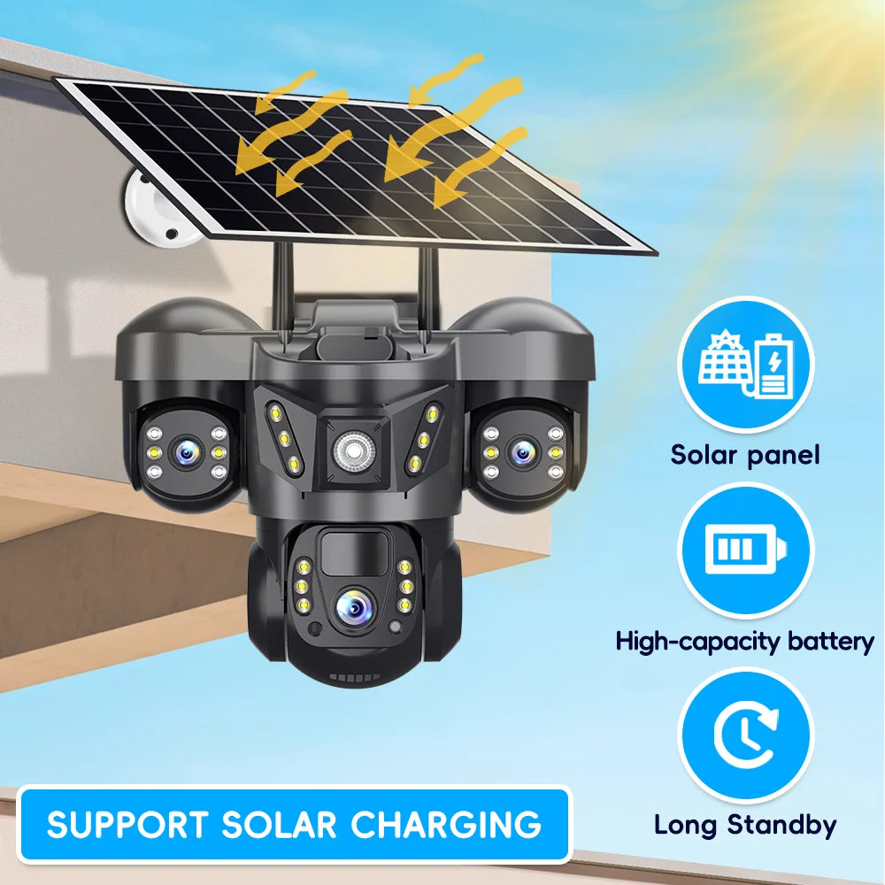 Solar Camera 4G Sim Card 15MP Outdoor 3 Lens 3 Screen PIR Human Detect Network IP Cameras Night Vision CCTV Security Protection