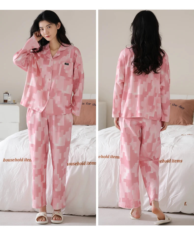 Women’s Winter 100% Cotton Pajama Set – Loose Fit, Turn-Down Collar, Long Sleeves, Cute Pink