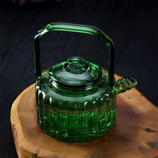 Green Bamboo Shape Glass Teapot with Built In Filter