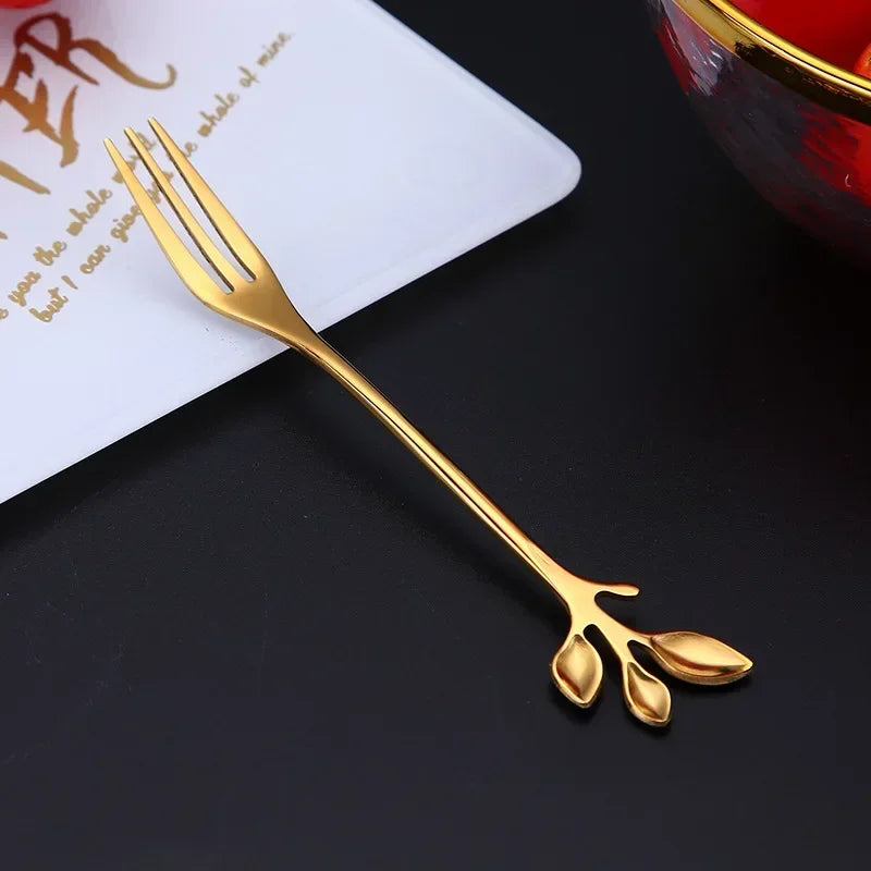 Gold Long Handle Spoon Stainless Steel Leaf Teaspoon Nordic Mini Stirring Spoons Small Fork for Dessert Coffee Honey Home Decor