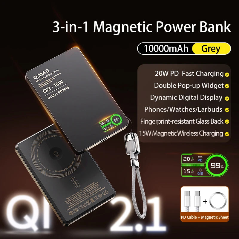 Magnetic Wireless Powerbank Qi 2.1 USB-C Fast Charging External Battery for iPhone 12-17 Pro Airpods Apple Watch Xiaomi 10000mAh