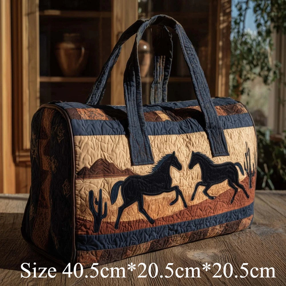 Western Style 3D Quilted Tote Bag Running Horse Cactus Boho Print Travel Purse Handmade Shoulder Bag Large Capacity Carry-On Bag