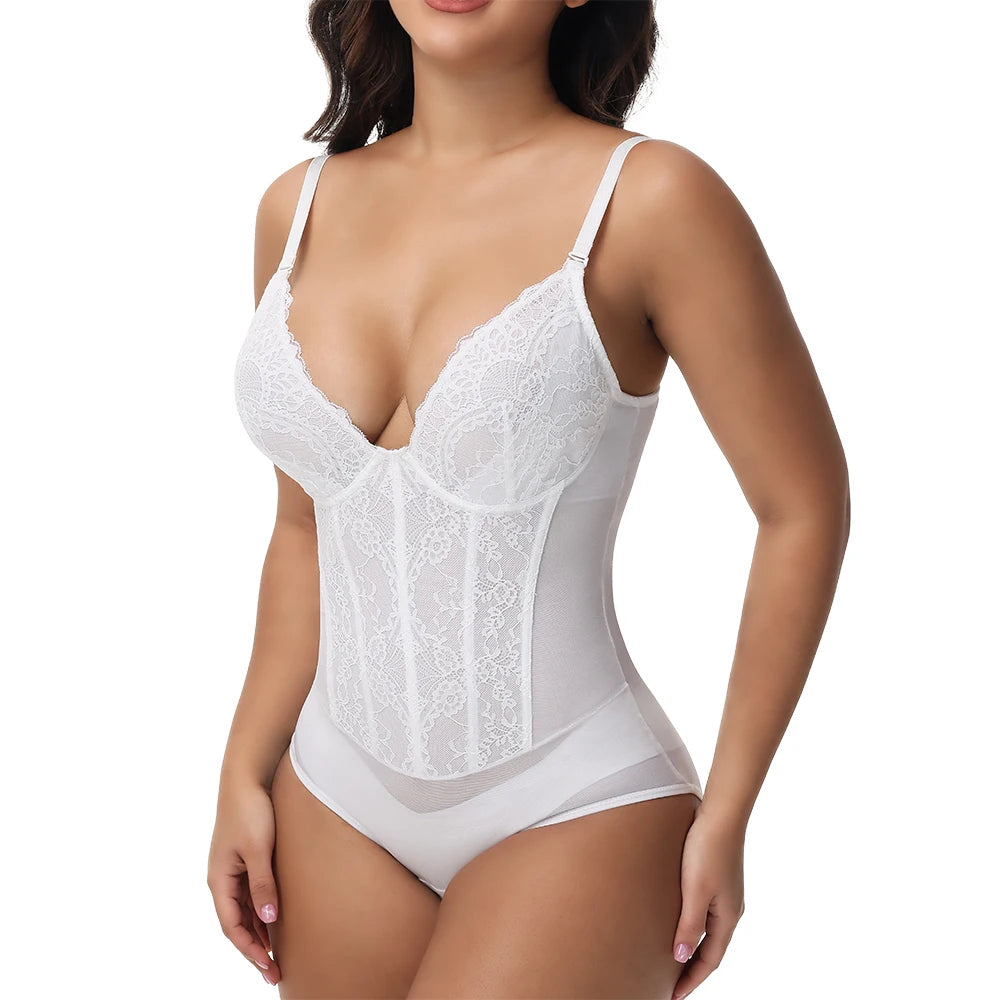 Lace Bodysuit for Women – V-Neck Backless Tummy Control Shapewear