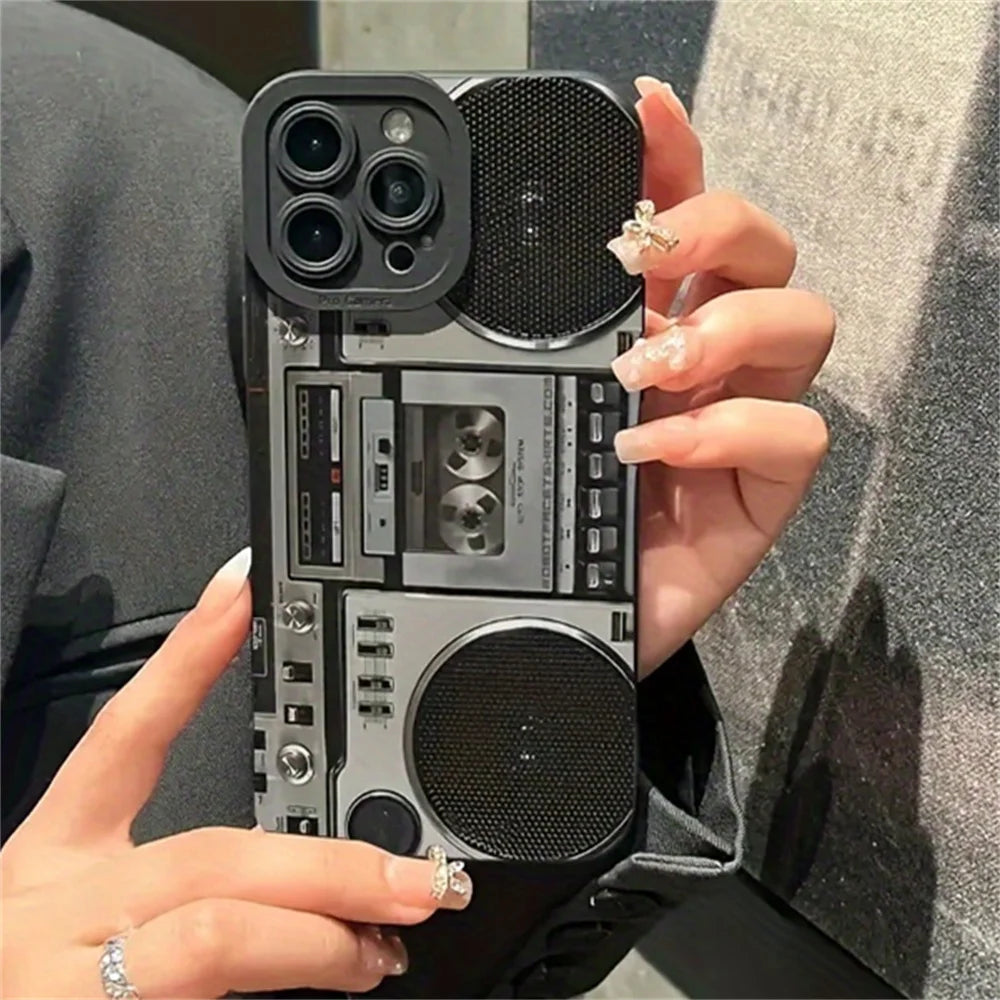 Creative Retro Millennial Loud Speaker Phone Case For iPhone 15 13 14 Pro Max Plus Music Rock N Roll Soft Cover