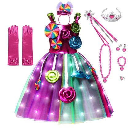 LED Light Up Princess Candy Dress For Girl Lollipop Party Clothing Kids Cosplay Costume New Years Dress 2-10Y