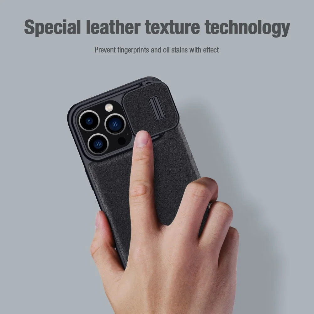 QIN Pro Plain Leather Cloth Case For iPhone 15 Pro Max Flip Shockproof Camera Slider Protection Cover With Card Holder