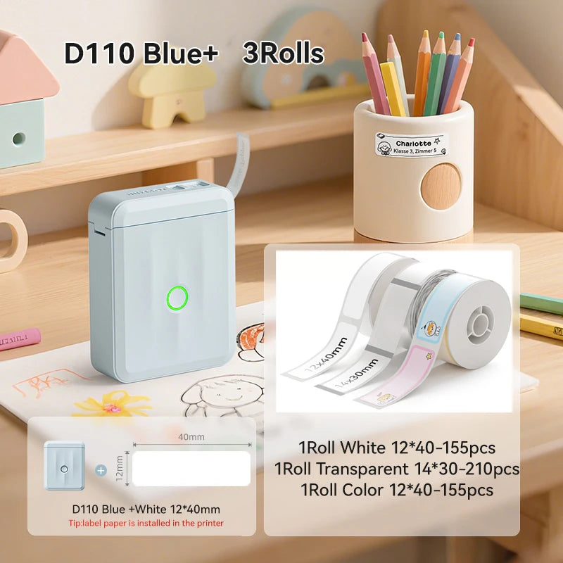 D110 Mini Thermal Label Printer, Bluetooth Portable Smart Label Maker 12–15mm, Inkless Sticker Printer for Home Office Kitchen School