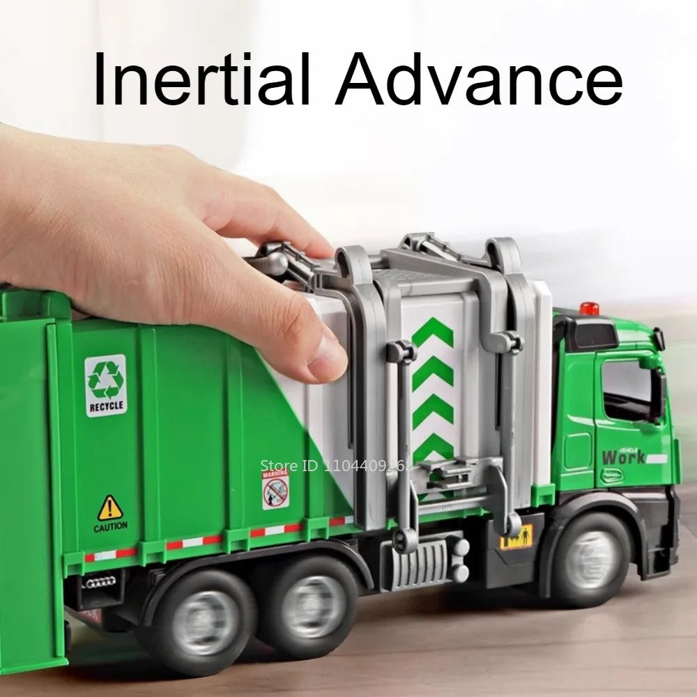 1:24 Pneumatic Garbage Car Electric Mixer Truck Toy Model Alloy Diecast Sound Light Engineering Vehicle Desktop Ornaments
