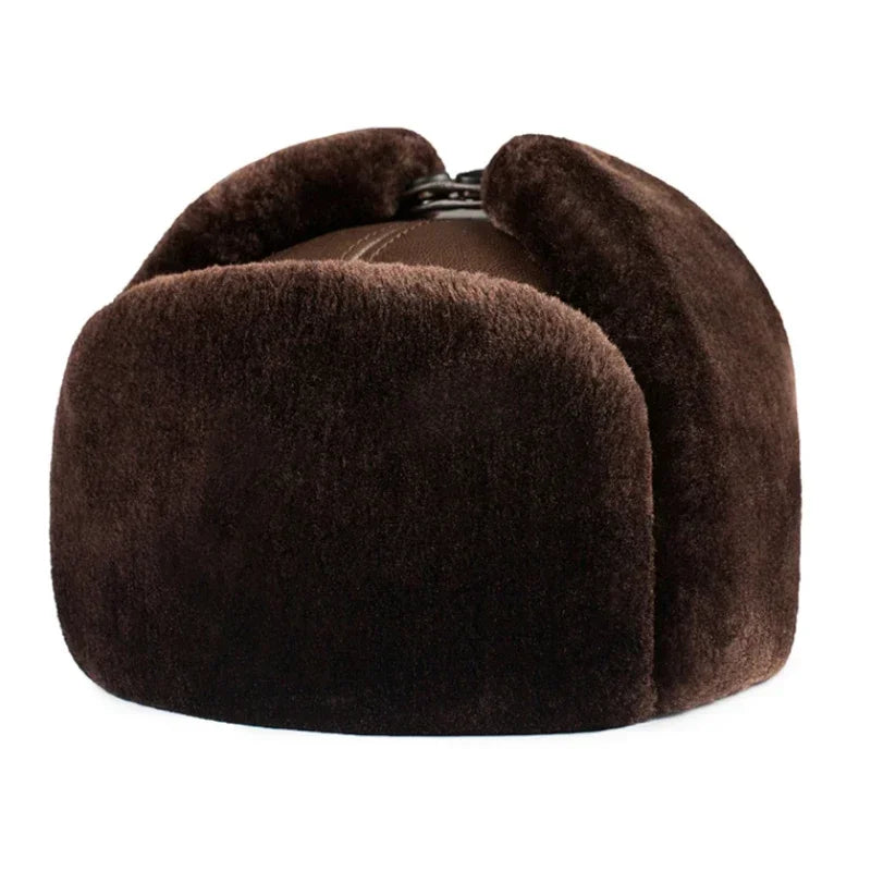 Outdoor Winter Warm Ear Protection Bomber Hat Man Genuine Leather Faux Fur Military Cap Inside Black Brown 55-60cm  Gorras