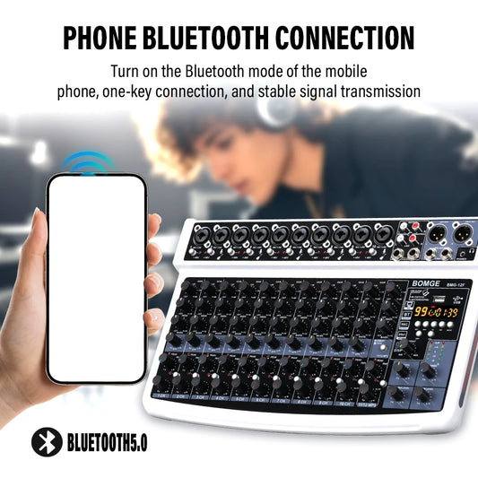 12 Channel Professional Audio Mixer with Bluetooth USB 99 DSP Effects and 48V Phantom Power