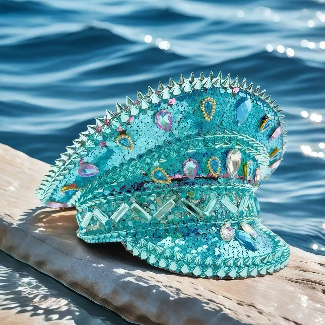 Blue Beach Elegant Burning Man Steampunk Top Hat, Captain Hat Rhinestone Woman, Cruise Party Caps for Man Original