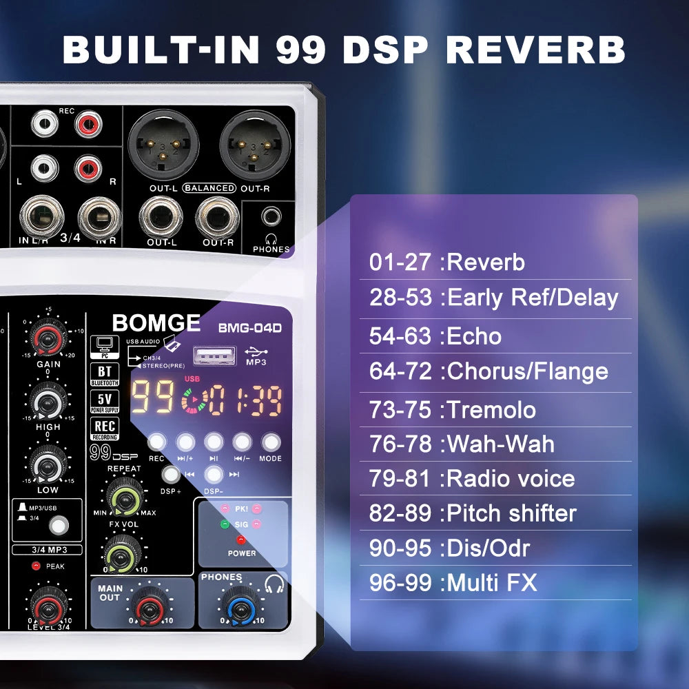 4 Channel Audio Mixer Console with USB 48V Phantom Power and 99 DSP Effects