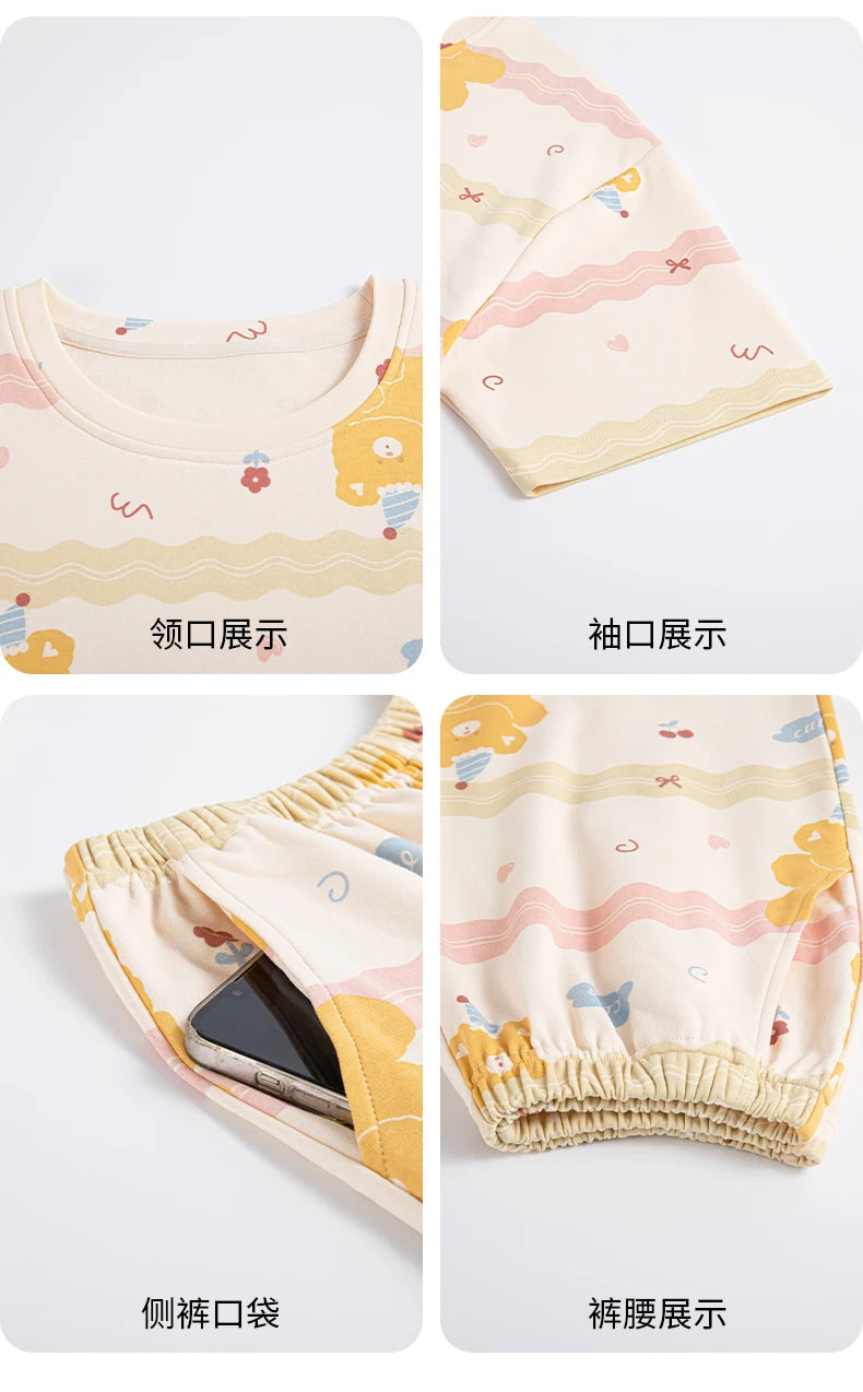 2-Pcs Women’s Cotton Pajama Set – Breathable Short Sleeve Summer Sleepwear with Cute Prints