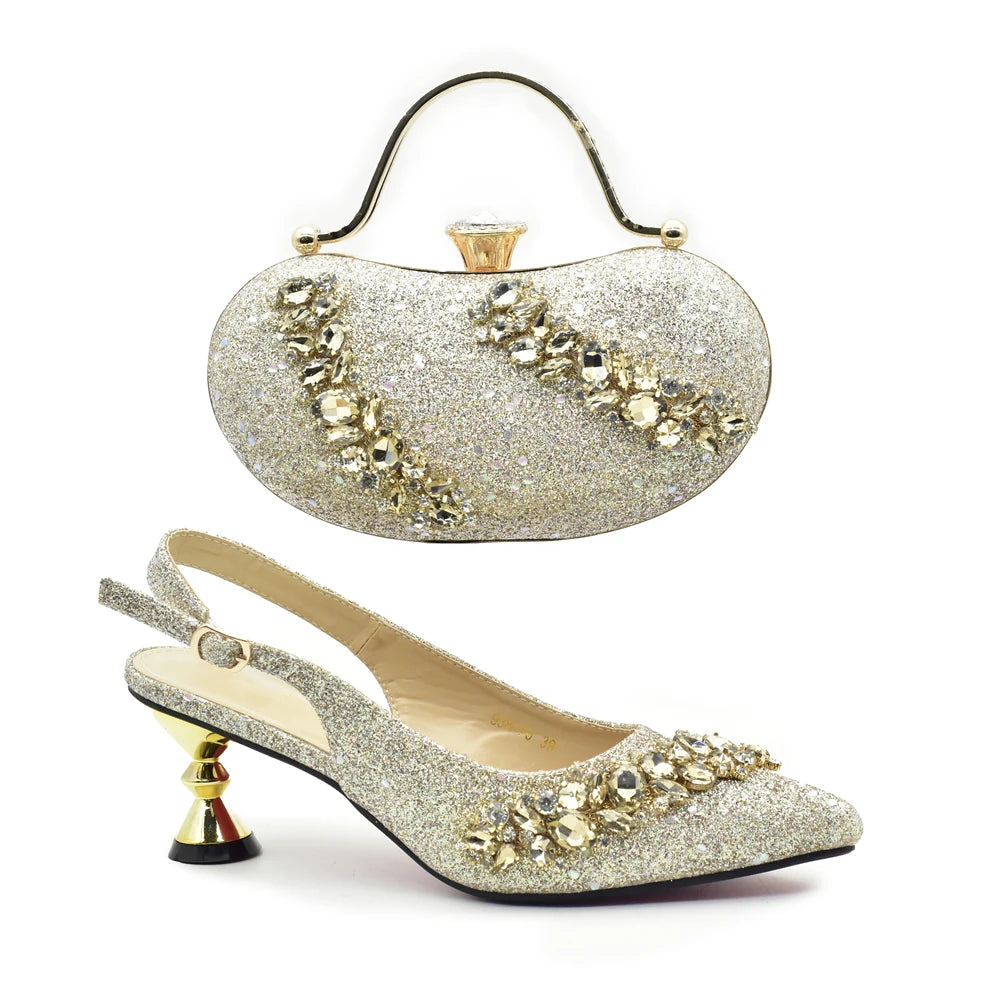 Nigeria Fashion Bag and Mid-Heel Pointed Shoes Girly Party Shoes and Bag Set Decorated with Rhinestone Wedding Shoes Bride