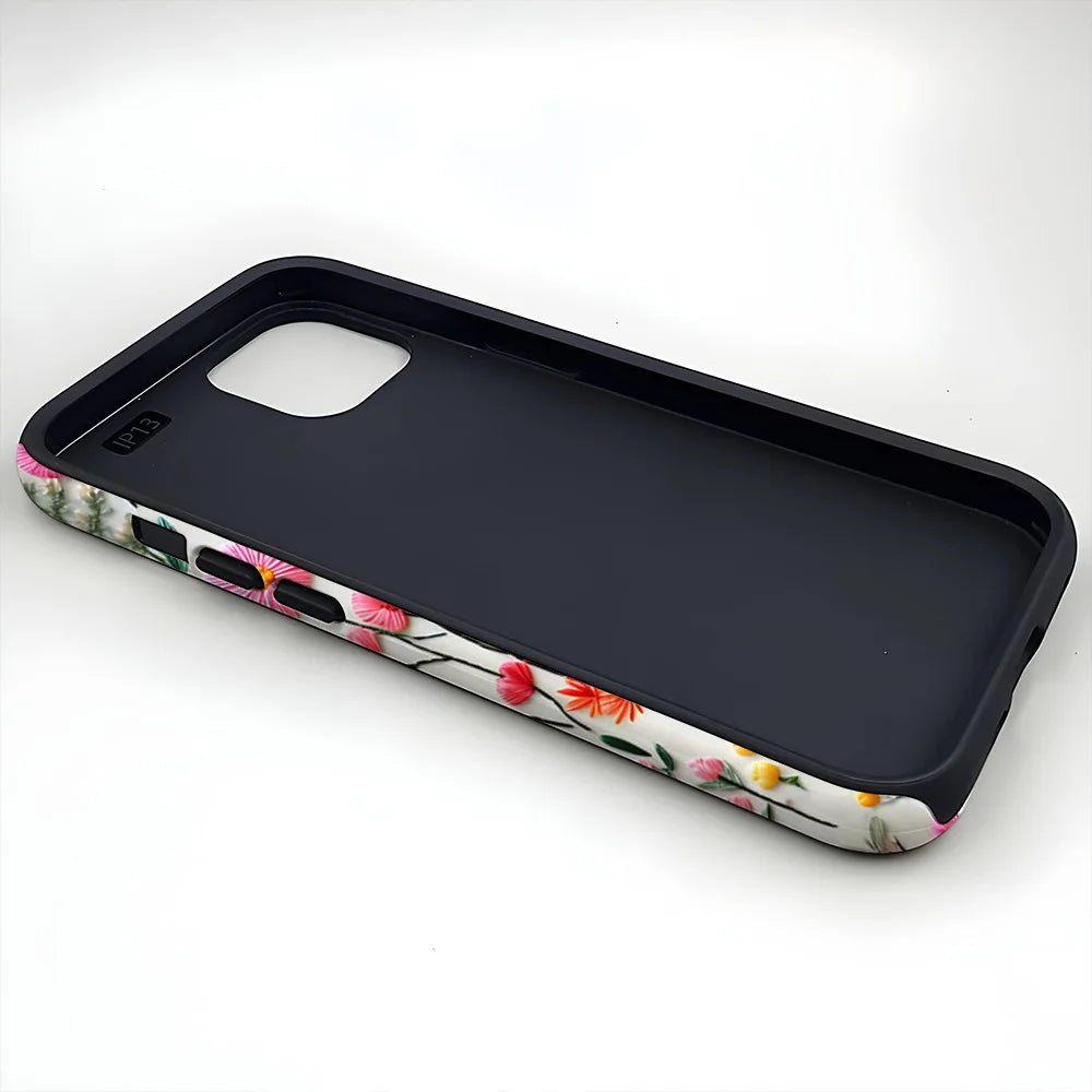 Wildflower Boho Embroidery Effect Flower Case for iPhone 16 15 Pro Max 14 Plus Protective 2 in 1 Double Deck Cover