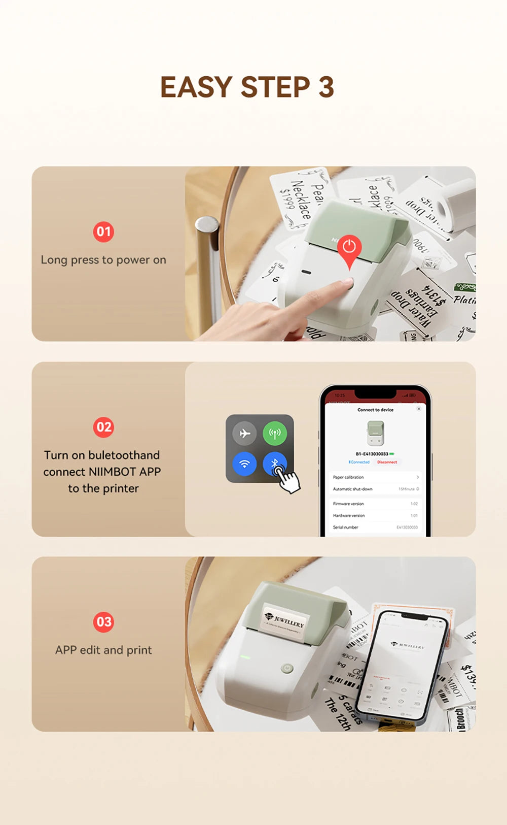 B1 Thermal Label Printer, Bluetooth Portable Sticker Maker 20–50mm, Inkless Barcode Price Tag Label Machine for Business & Food
