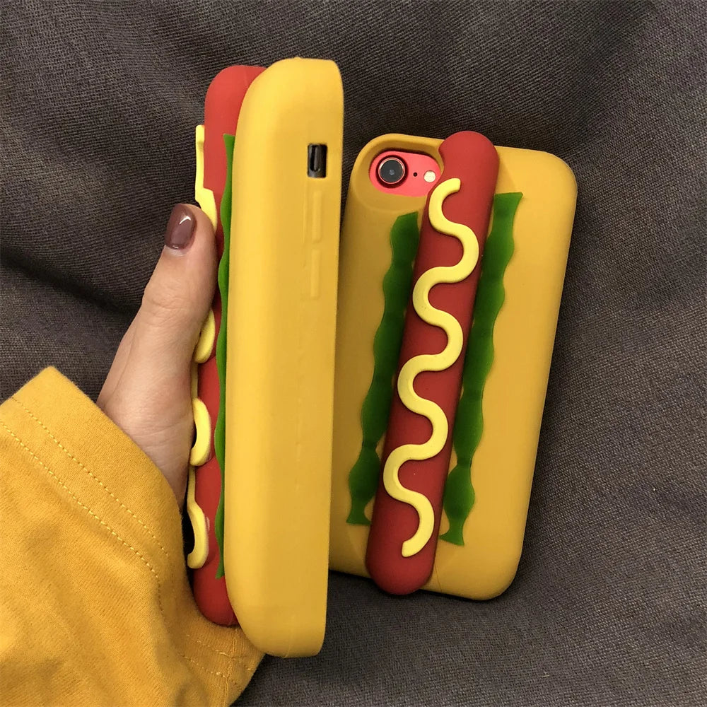 INS Cute Cartoon Funny Hot Dog Sausage 3D Vivid Phone Case For iPhone 16 15 14 13 Pro Max Plus Creative Soft Back Cover