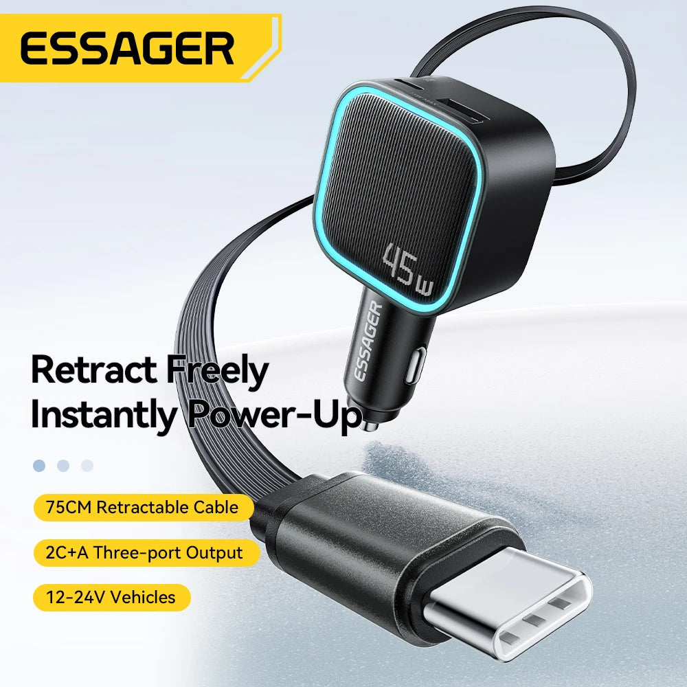 45W Car Charger with 75CM Retractable Cable PD Fast Charging USB C & USB A 3 Port Adapter