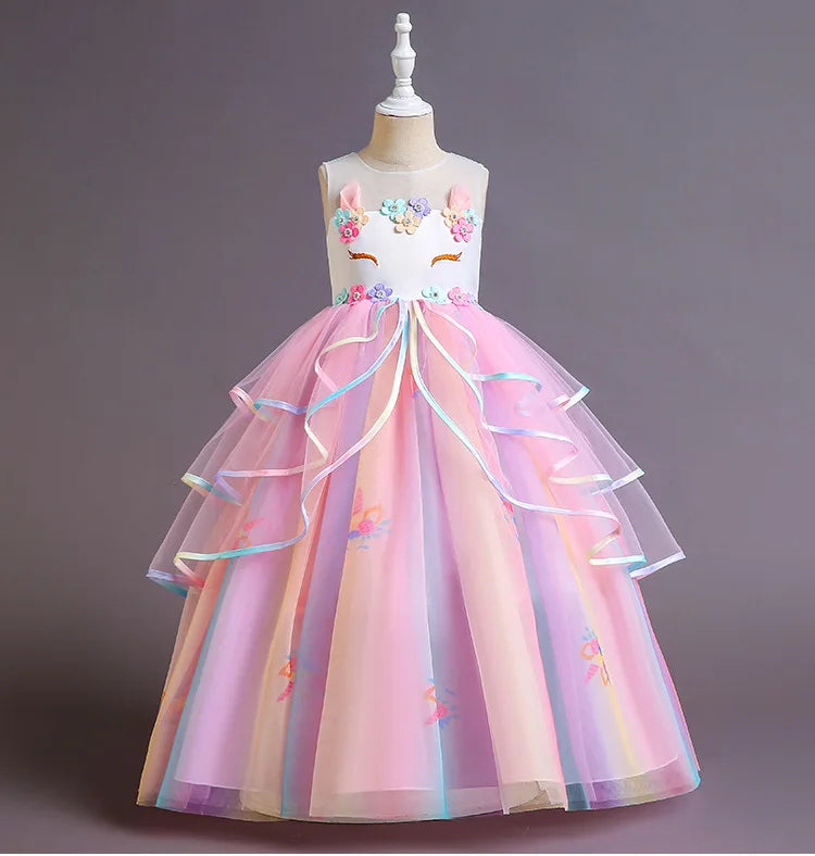 Elegant Princess Lace Dress Kids Flower Embroidery Dresses For Girls Vintage Children Costume for Christmas Party Pink Ball Gown