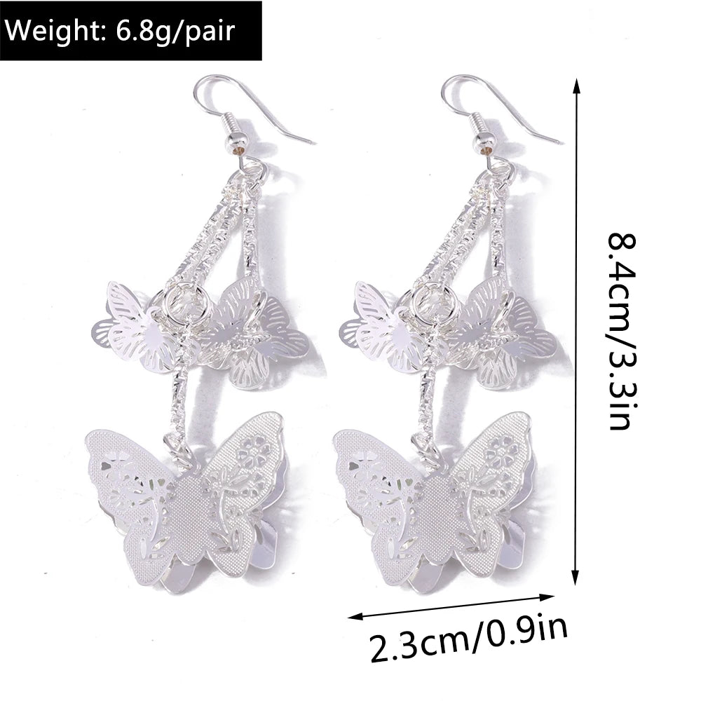 Retro Bright Silver Color Leaf Butterfly Peacock Earrings Tassel Dangle Earrings Jewelry