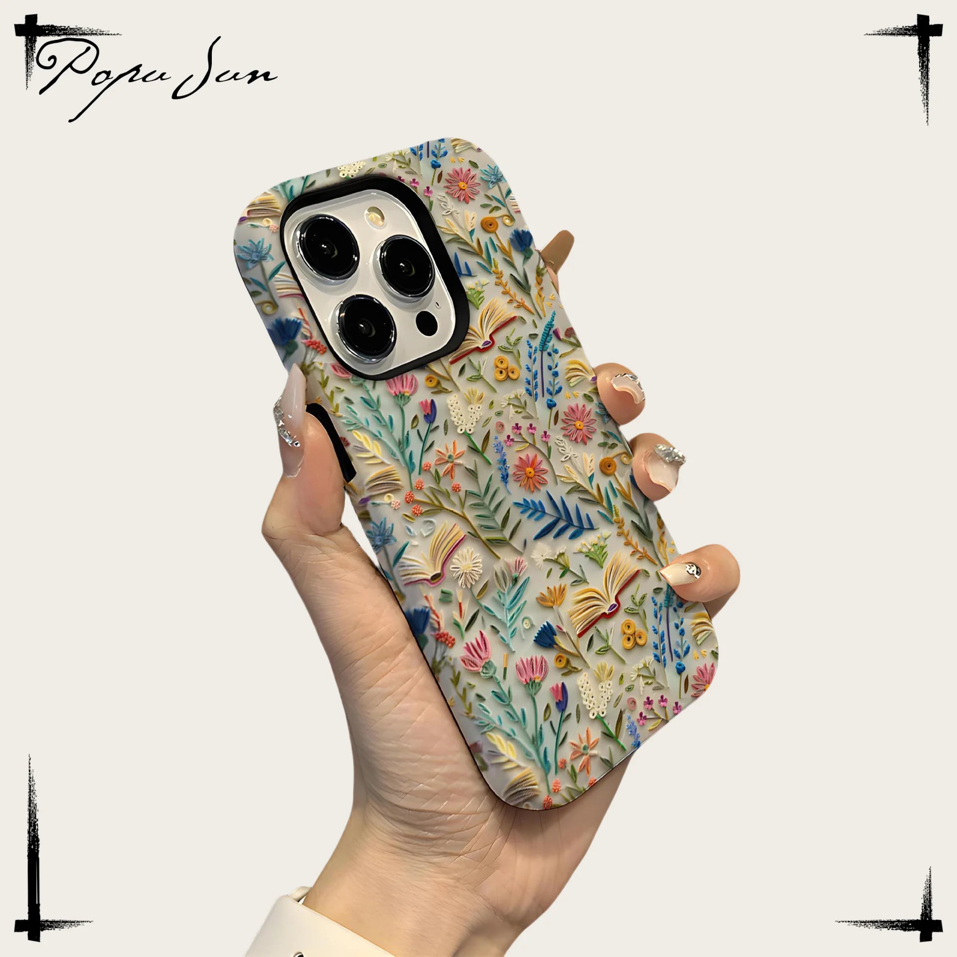 Romantic Wildflower Boho Embroidery Phone Case for iPhone 16 15 Pro Max Plus – 2 in 1 Hard Protection