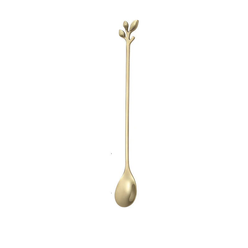 Gold Long Handle Spoon Stainless Steel Leaf Teaspoon Nordic Mini Stirring Spoons Small Fork for Dessert Coffee Honey Home Decor