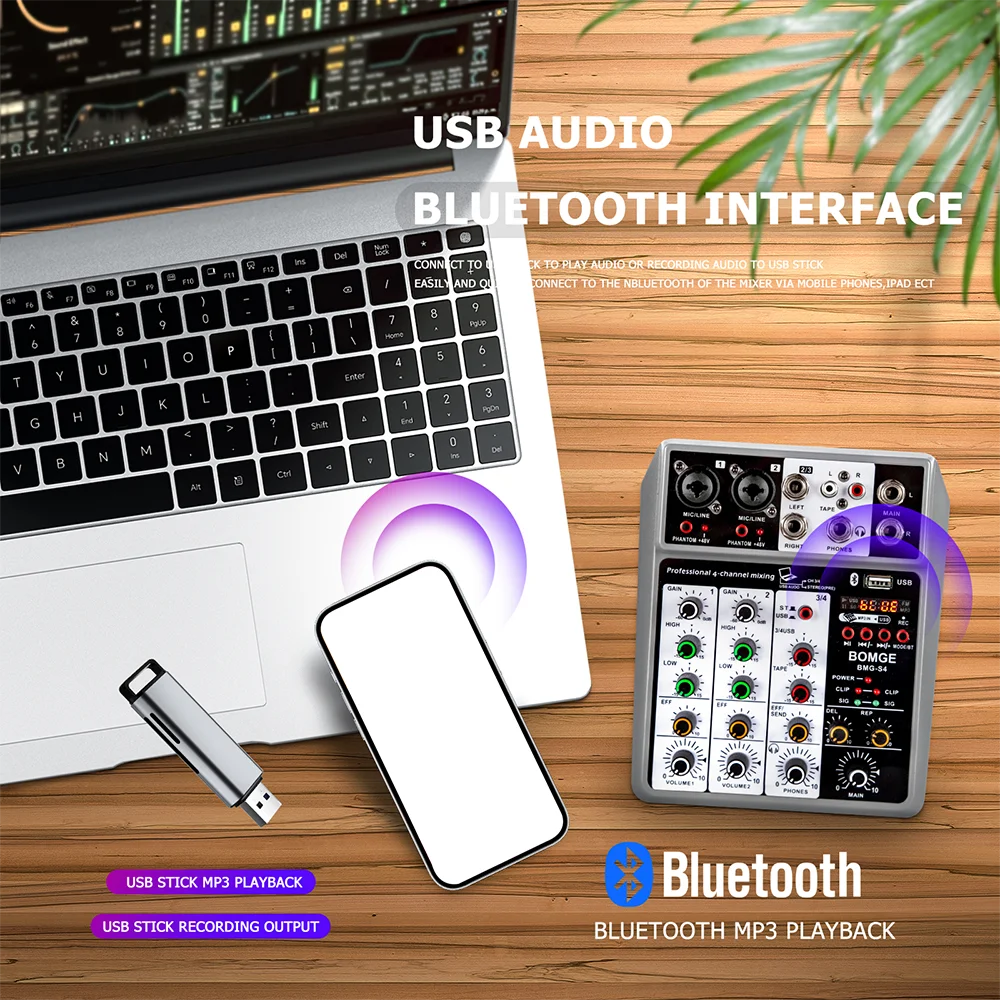 Professional 4 Channel Audio Mixer with USB Bluetooth Echo Delay and 48V Phantom Power