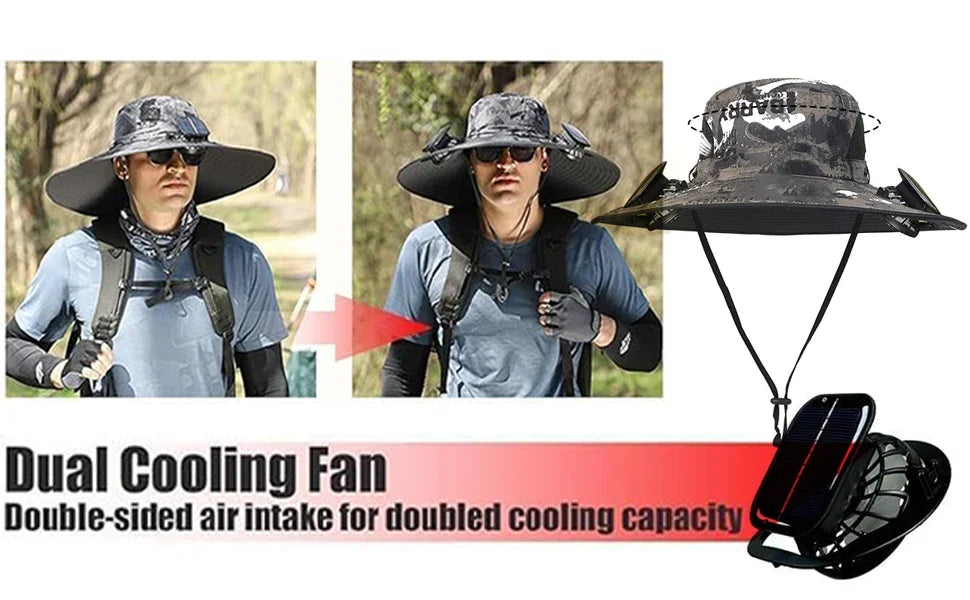 Wide Brim Solar Fan Hat With Dual Fans