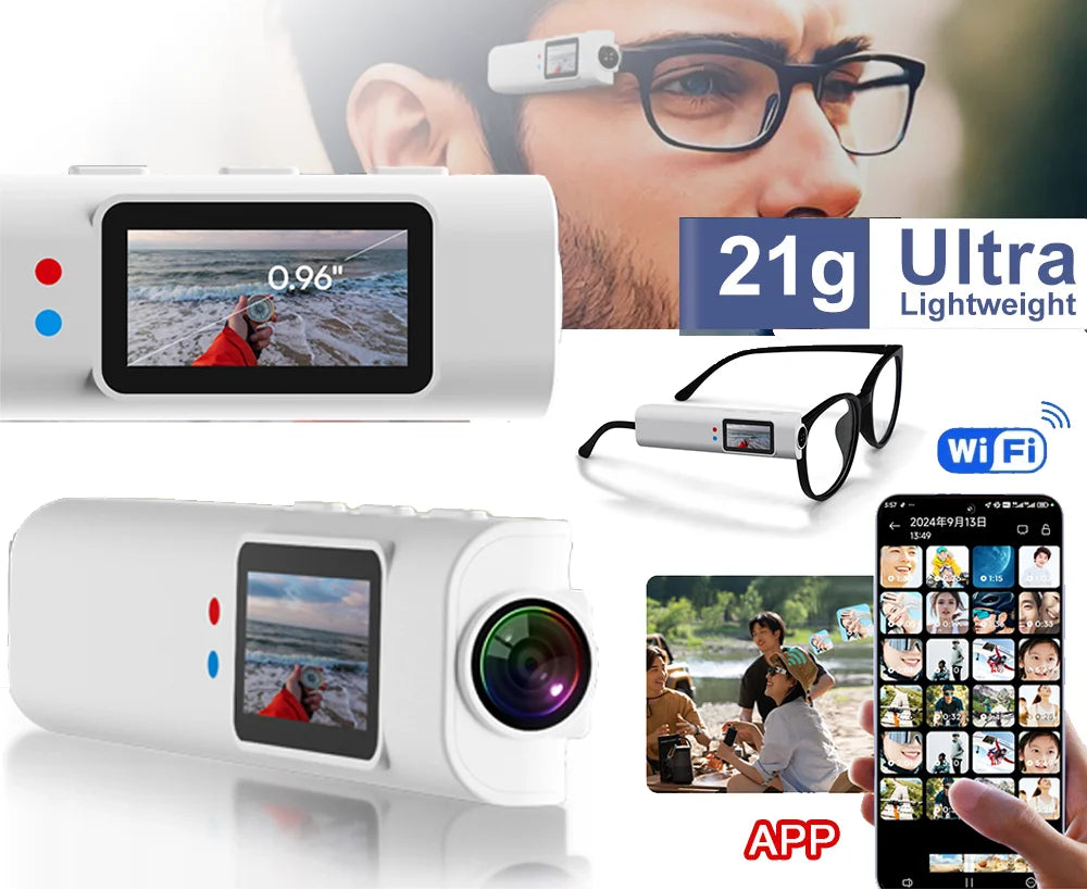 Mini FPV Eyeglasses Action Camera 2.7K Sport Bodycam WiFi Video 0.96