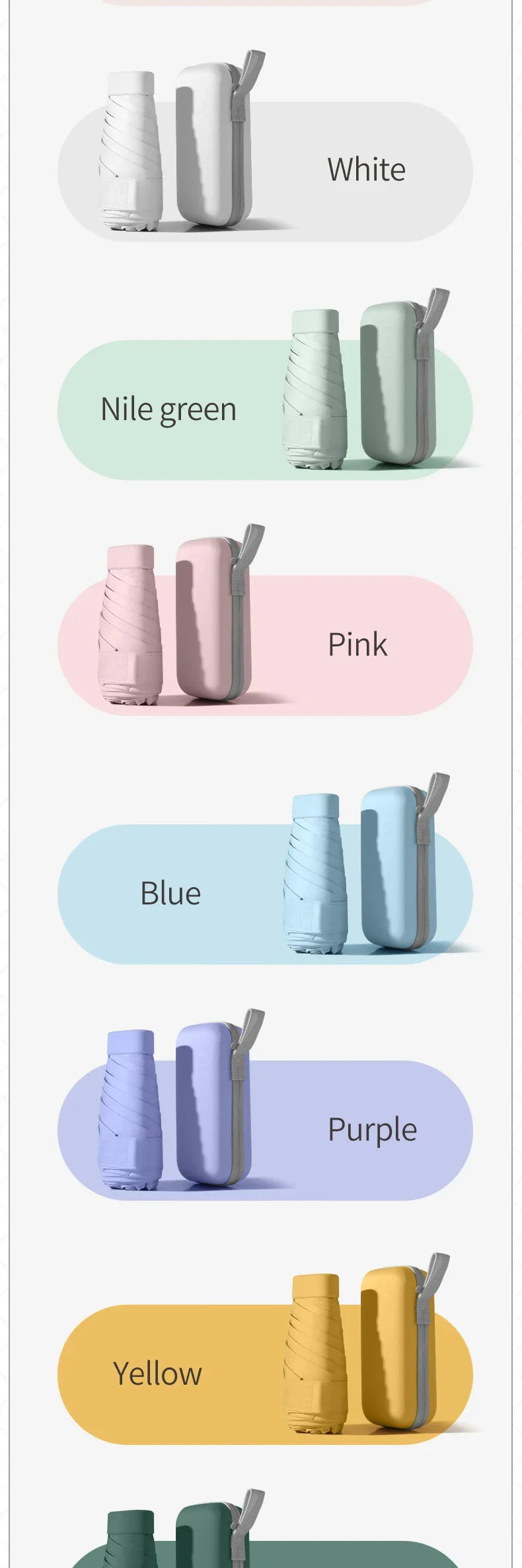 A solid color umbrella with a capsule box and a foldable umbrella for easy travel The umbrella is suitable for both sunny and r