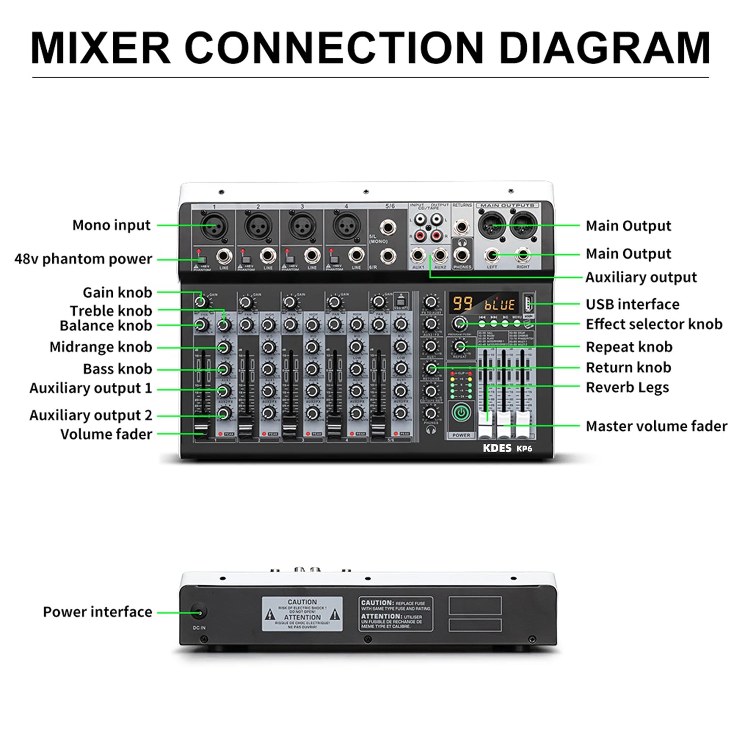 KDES KP6 Audio Mixer 6 Channel 99 DSP Effect Record PC 48V Phantom Power USB Sound Mixers Bluetooth DJ Console Mixing for Karaok