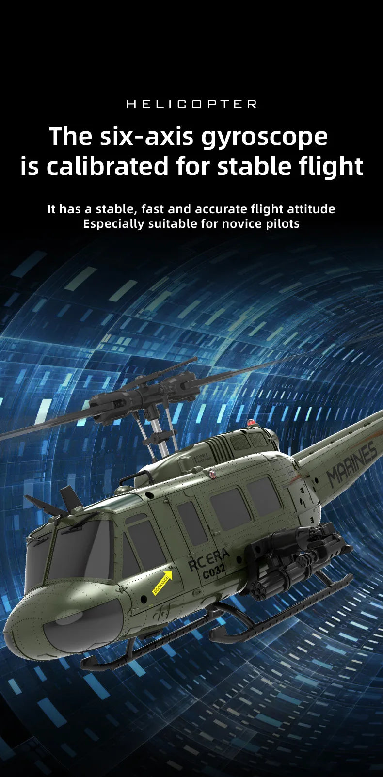 Uh-1 Huey Simulation 3d Six Way Aileron Free Reverse Flying Stunt Helicopter Electric Remote-Controlled Aircraft Model Toy