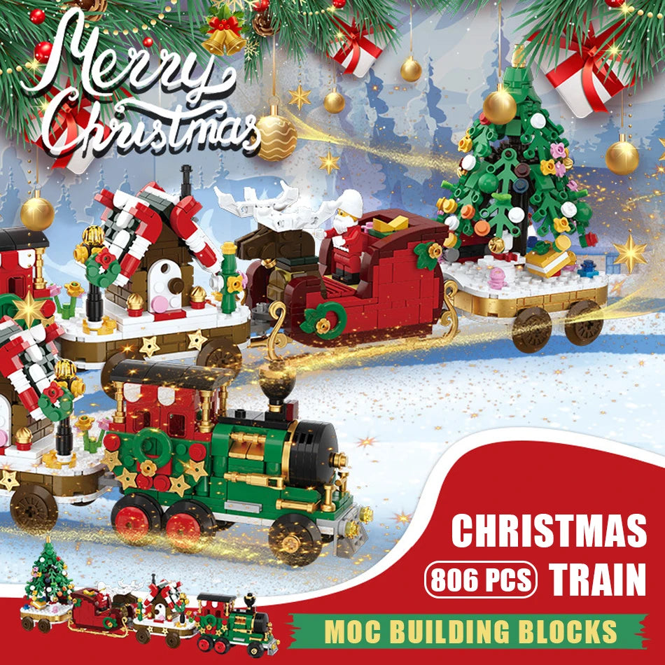 Merry Christmas Train Santa Claus Sleigh Carriage Christmas Tree Building Blocks Assembly Bricks Toys 's Xmas Gifts