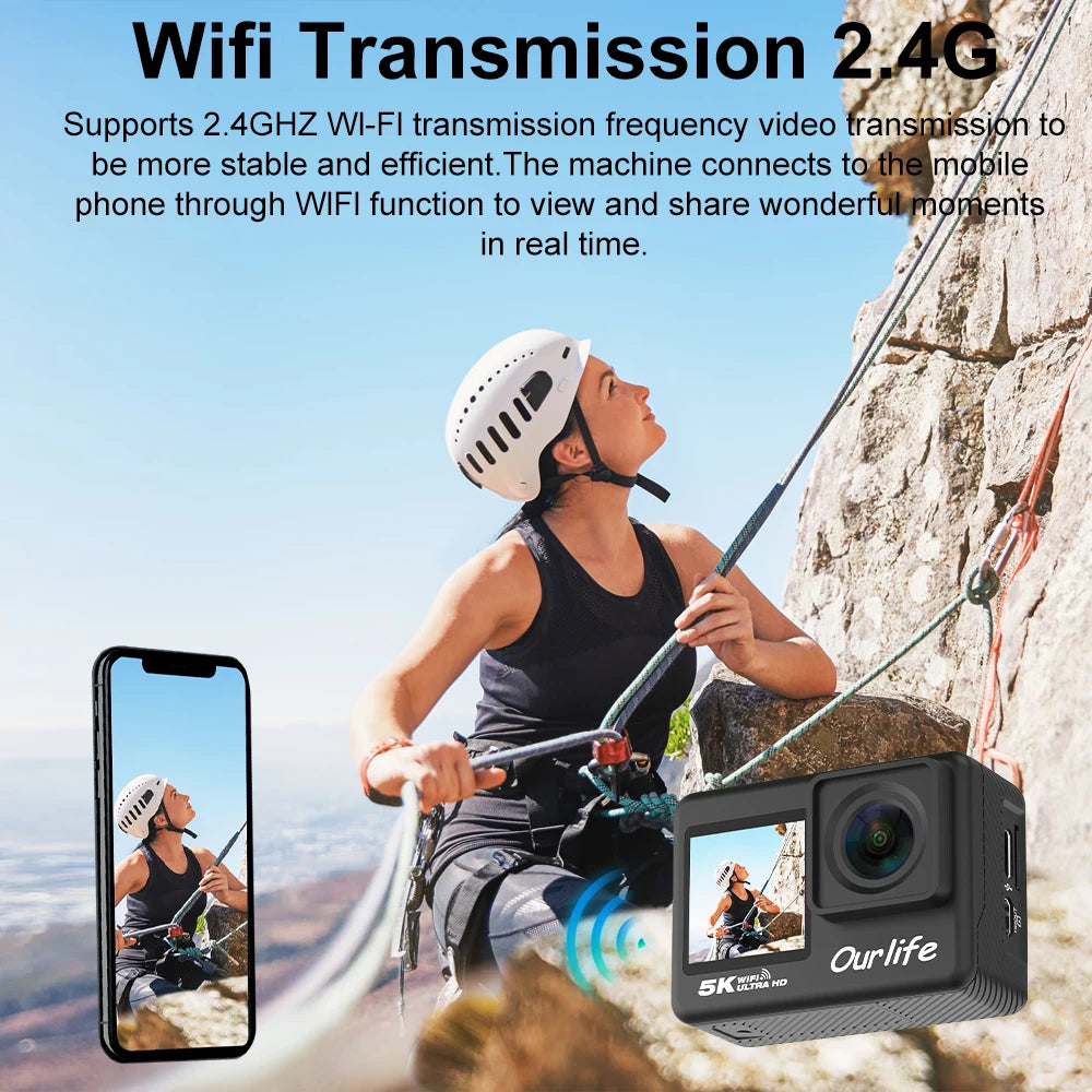 5K Action Camera with 2.0 Inch Touch Screen WiFi EIS and 30M Waterproof Housing