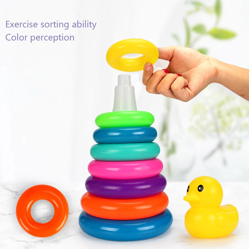 Children's Little Yellow Duck Rainbow Tower Stacking Circle Baby Early Childhood Education Puzzle Ring Montessoris Toy Kids