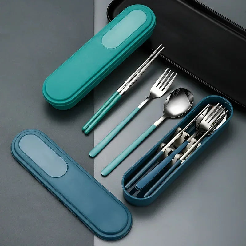 Portable Stainless Steel Cutlery Set with Storage Box, 304 Steel Fork Spoon, Travel Flatware for Student Outdoor, Dinnerware Set