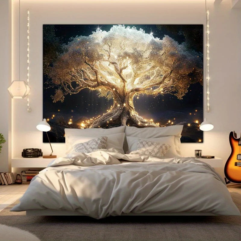 Enchanted Magic Tree Tapestry Tree Pattern Starry Sky Living Room Sofa Backdrop Wall Theme Mystical Style Room Decor