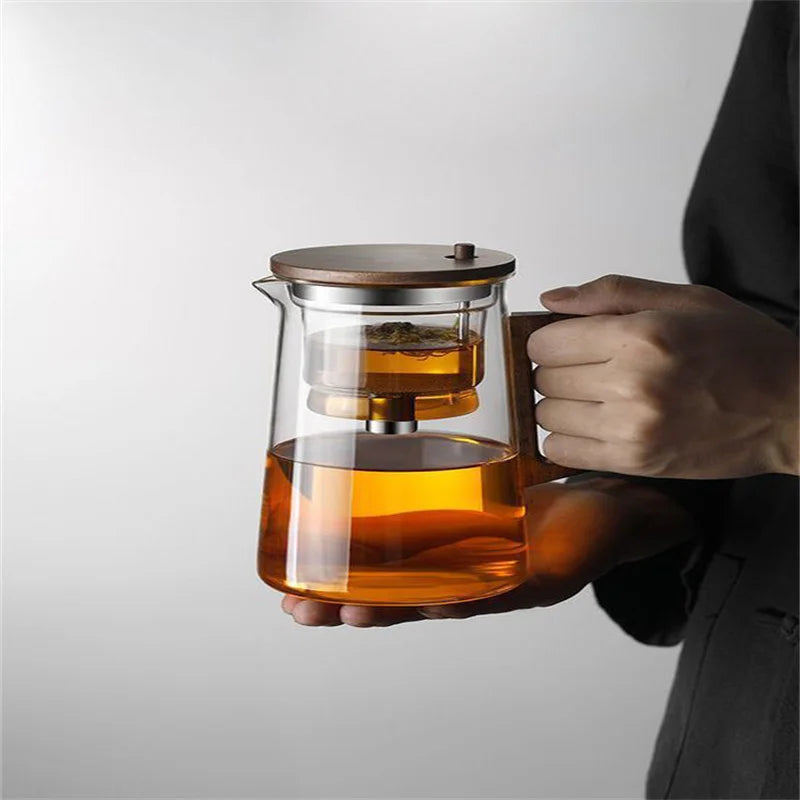 Water Separation Glass Teapot with One Click Tea Infuser and Wood Handle