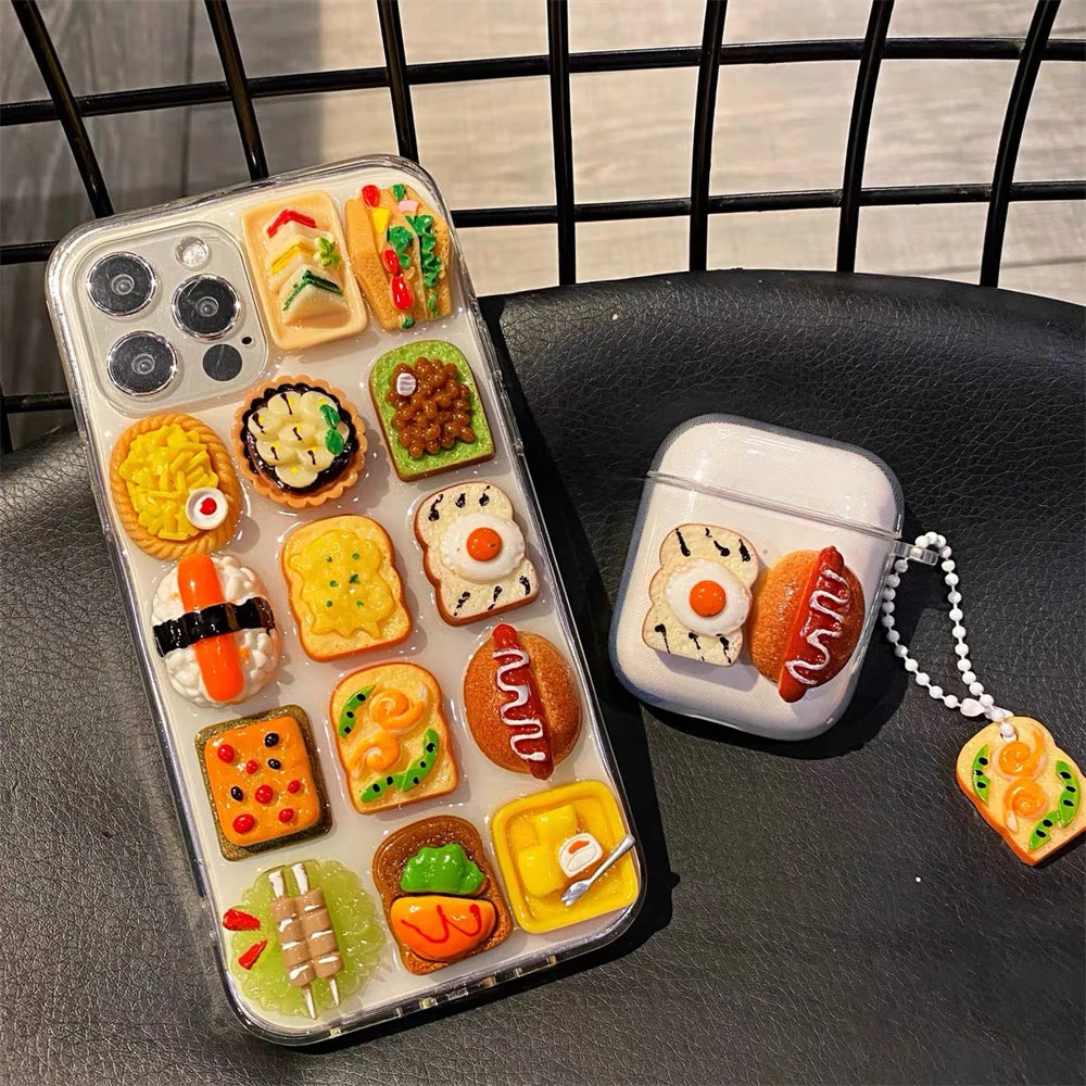 Cute 3D Food Doll Sandwich Sushi Clear Case For iPhone 16 15 14 13 Pro Max Plus Funny Hot Dog Soft Silicon Back Cover