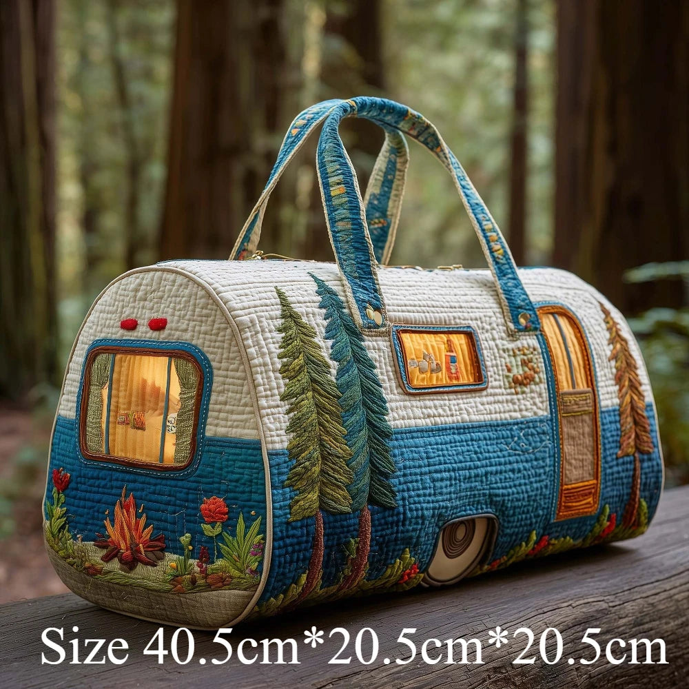 Handmade Quilted Travel Bag Vintage Artistic Camper Nature Duffle Bag Boho Weekender Tote for Men Women Camping Hiking Road Trip