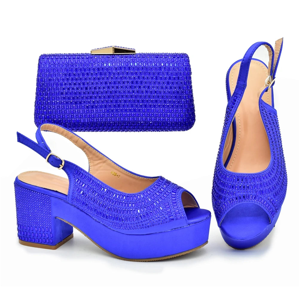 African Women's Evening Shoe for the Wedding Fashion Platform Pump Block Heel Comfortable Party Women Shoes and Bags Set