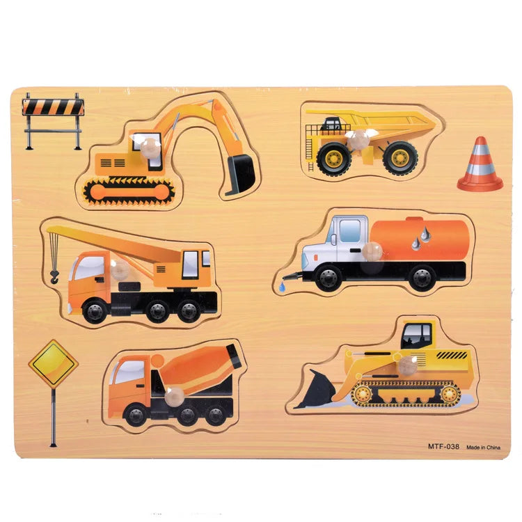 Montessori Wooden Puzzles Hand Grab Boards Toys Tangram Jigsaw  Educational Toys Cartoon Vehicle Animals Fruits 3D Puzzles