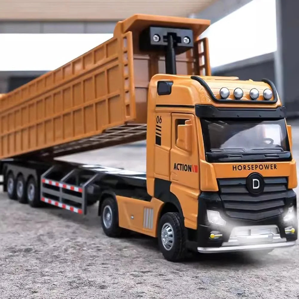1/50 Extended Dump Truck Model Toy Metal Diecasting Doors Opened Sound Light Pull Back Vehicle Models Ornaments 's Gifts