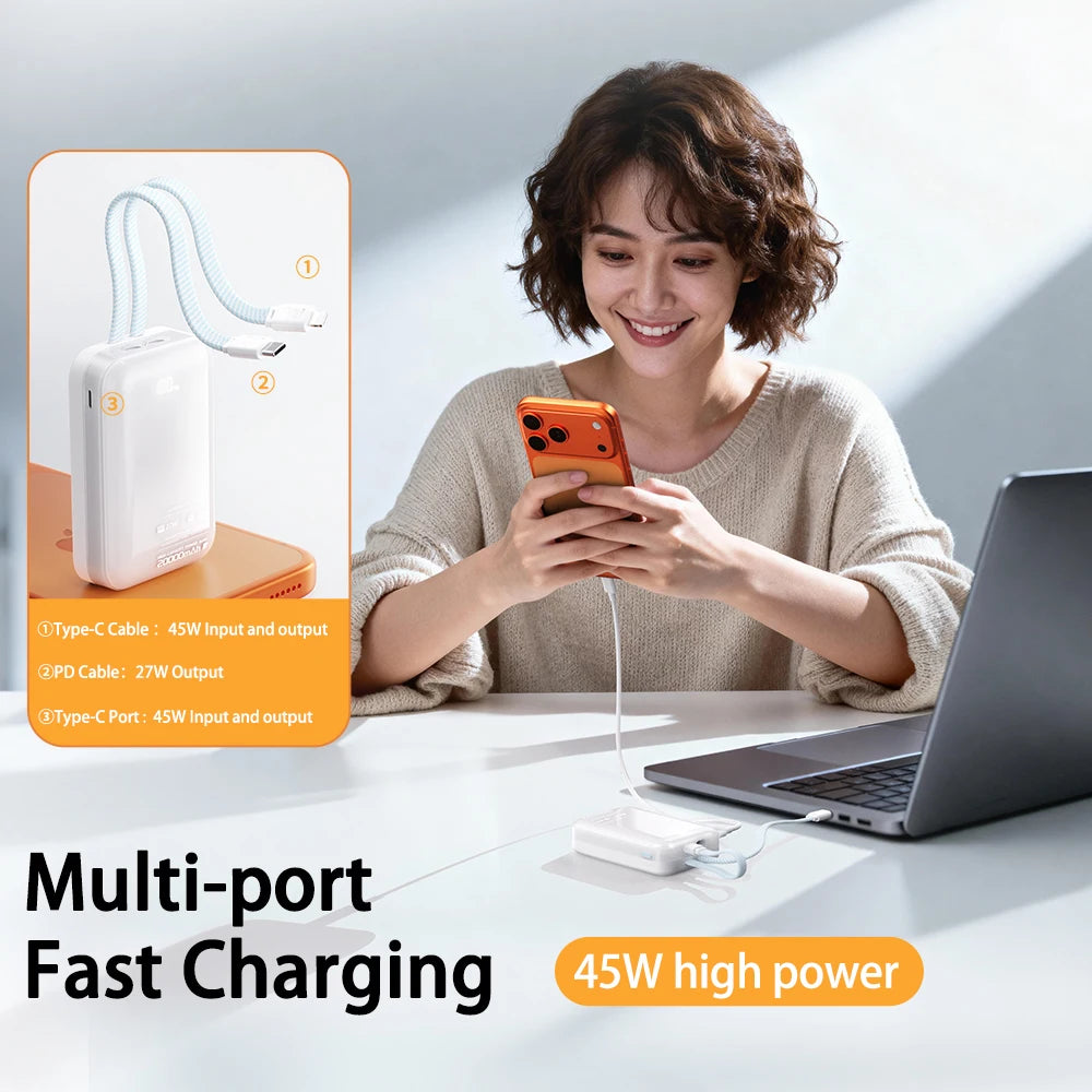 20000mAh Portable Power Bank 45W Type-C Super Fast Charging Built-in Dual Charging Cables for iPhone 17 16 Mobile Phone Xiaomi