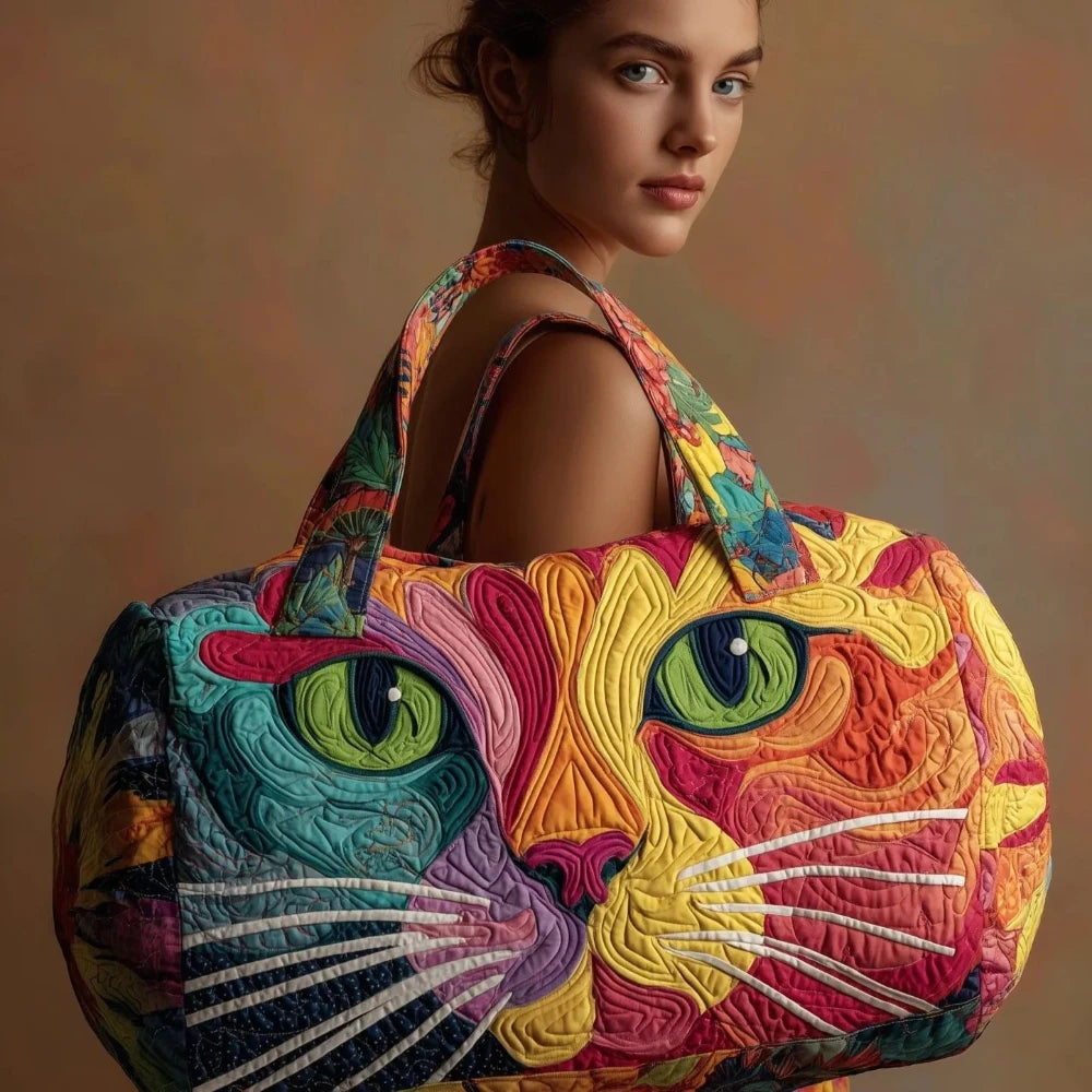 Cute 3D Quilted Cat Tote Bag Halloween Pumpkin Fall Leaves Floral Print Unique Travel Handbag Gift for Cat Lovers Shoulder Purse