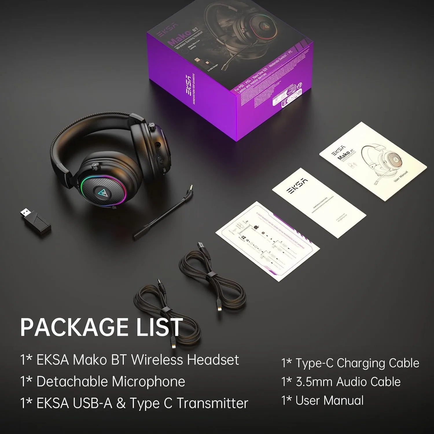 EKSA MaKo BT Bluetooth Gaming Headset Over Ear 2.4GHz Wireless Headphones Gamer 20ms Low Latency With Mic for PC/PS4/PS5