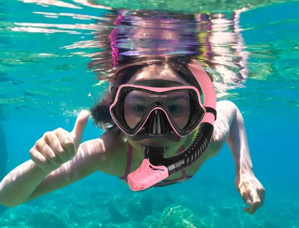 Snorkel Mask Set Silicone Swimming Goggles Diving Training Kit Dry Top Colorful Len Wide View Tempered Glass Anti-Leak Adults