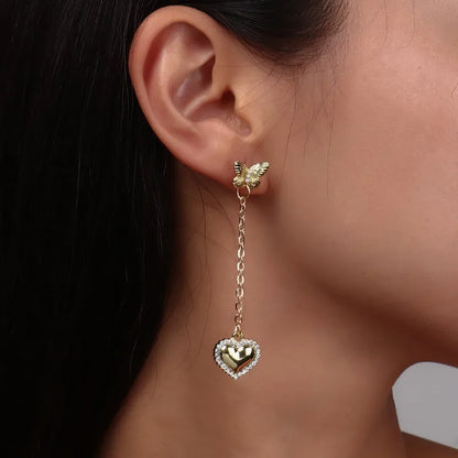 Korean Crystal Heart Earrings Pearl Butterfly Long Dangle Earring Trendy Jewelry